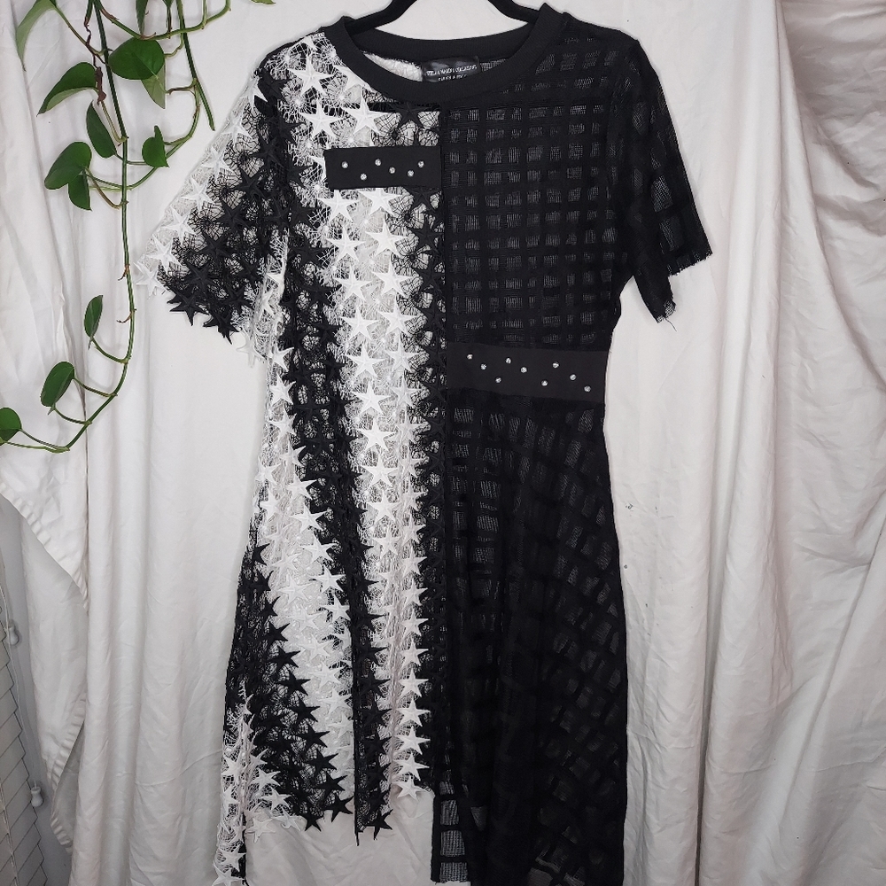 Avant-Garde Italian Asymmetrical Black and White Lace Dress